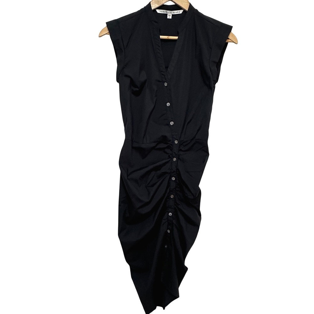 Veronica Beard Ruched Poplin Shirtdress Women 0 Black Cotton Asymmetric Midi - Picture 5 of 14
